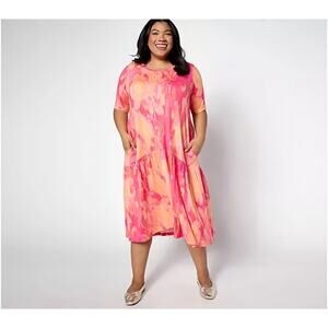 LOGO by Lori Goldstein Elbow Sleeve Crew Neck Dress‎ Coral Combo Jersey Large